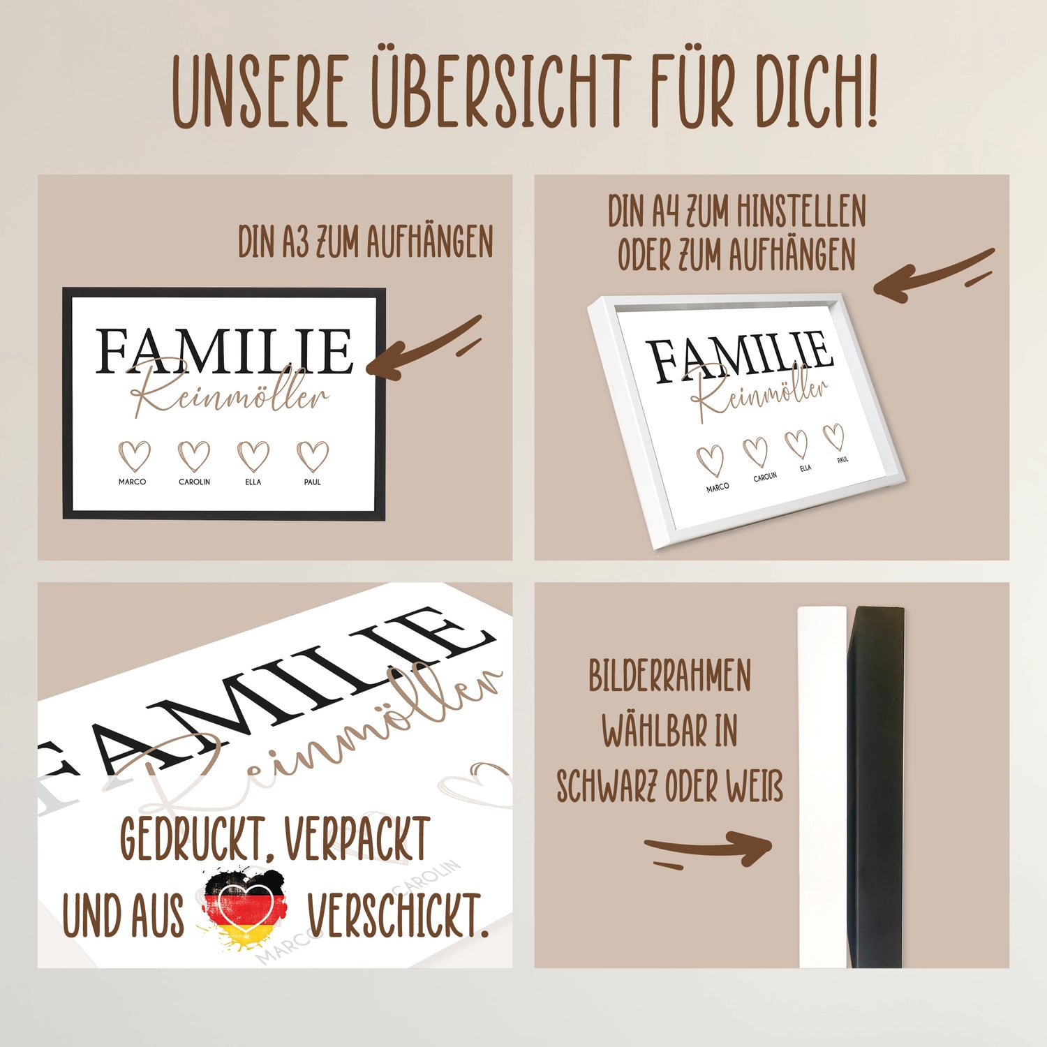 Wackadoo Poster Familie mit Herzen und Namen Personalisiertes Geschenk inklusive Bilderrahmen aus Holz