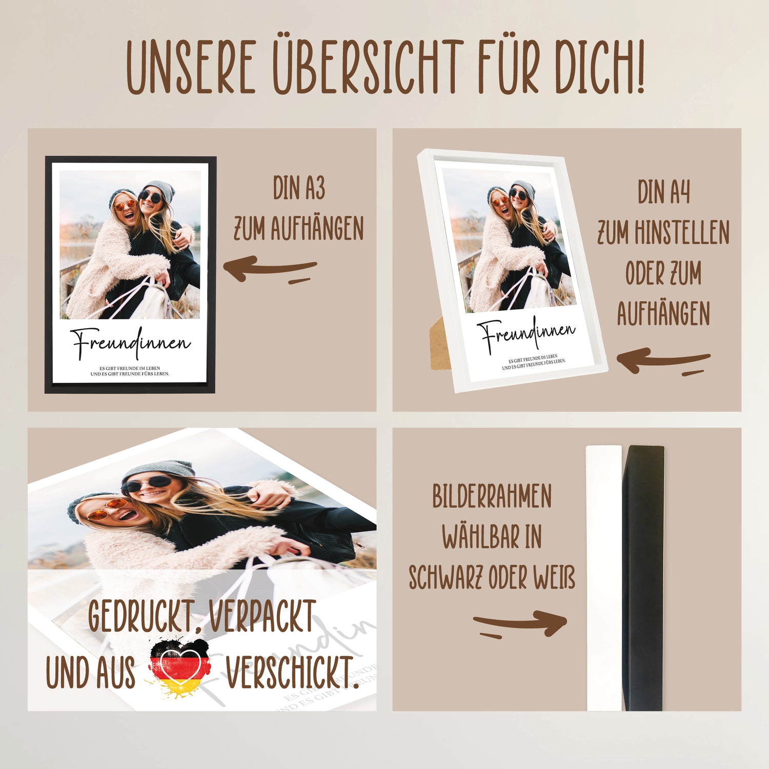 Wackadoo Poster Freundinnen mit Foto und individuellem Text Personalisiertes Geschenk inklusive Bilderrahmen aus Holz