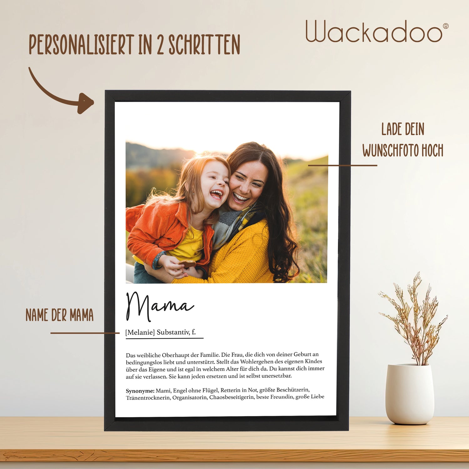 Wackadoo Poster Mama mit Foto und Namen Personalisiertes Geschenk inklusive Bilderrahmen aus Holz