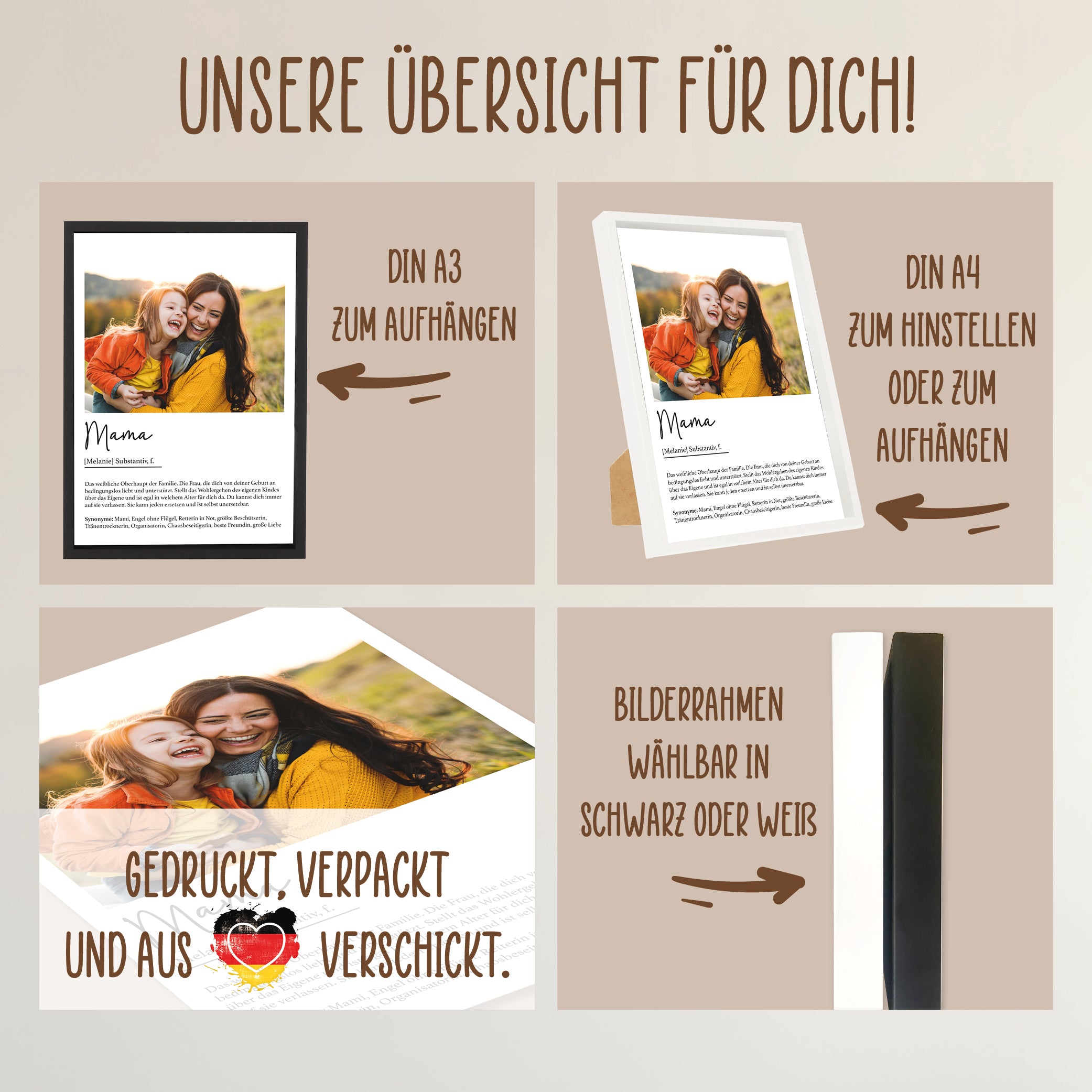 Wackadoo Poster Mama mit Foto und Namen Personalisiertes Geschenk inklusive Bilderrahmen aus Holz