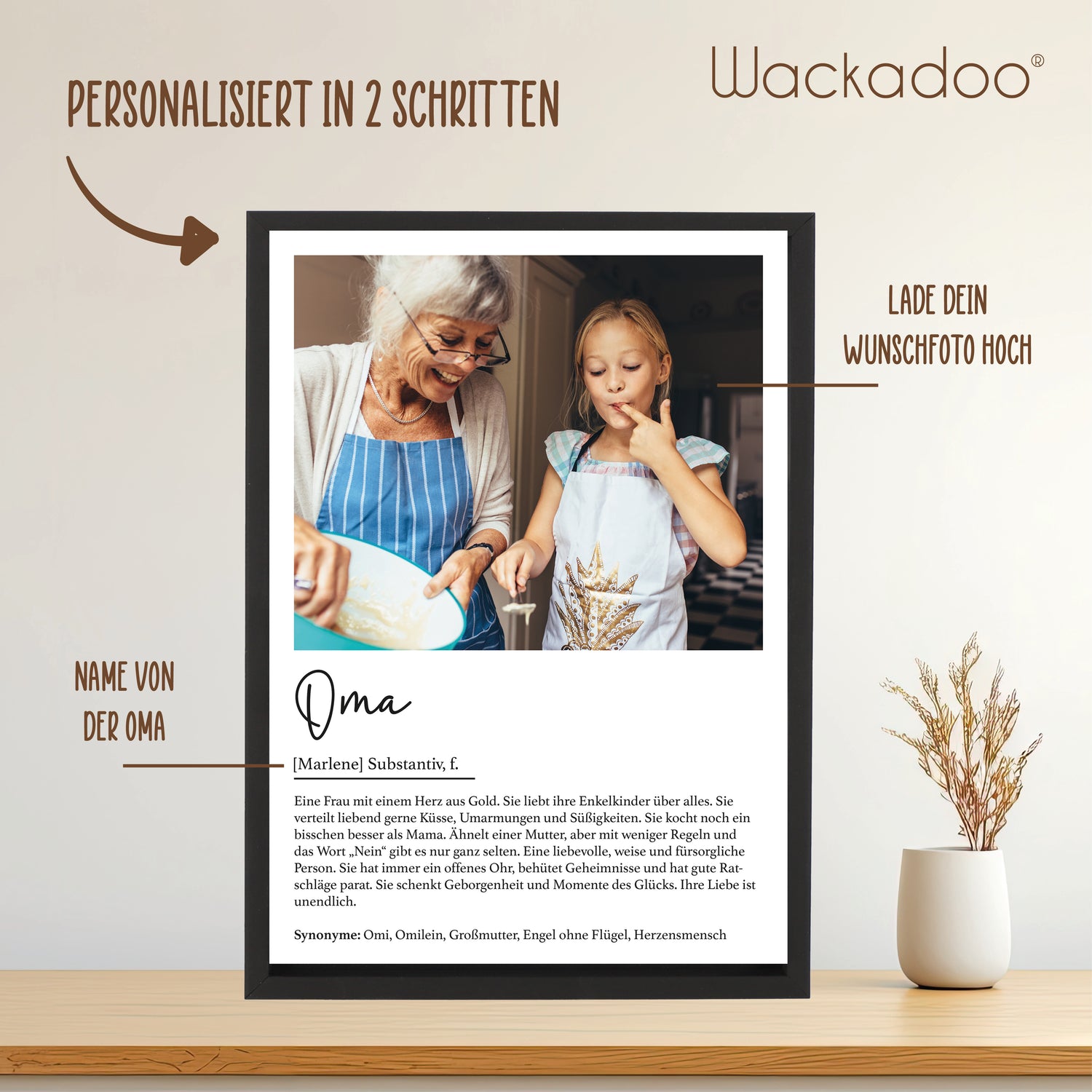 Wackadoo Poster Oma mit Foto und Namen Personalisiertes Geschenk inklusive Bilderrahmen aus Holz