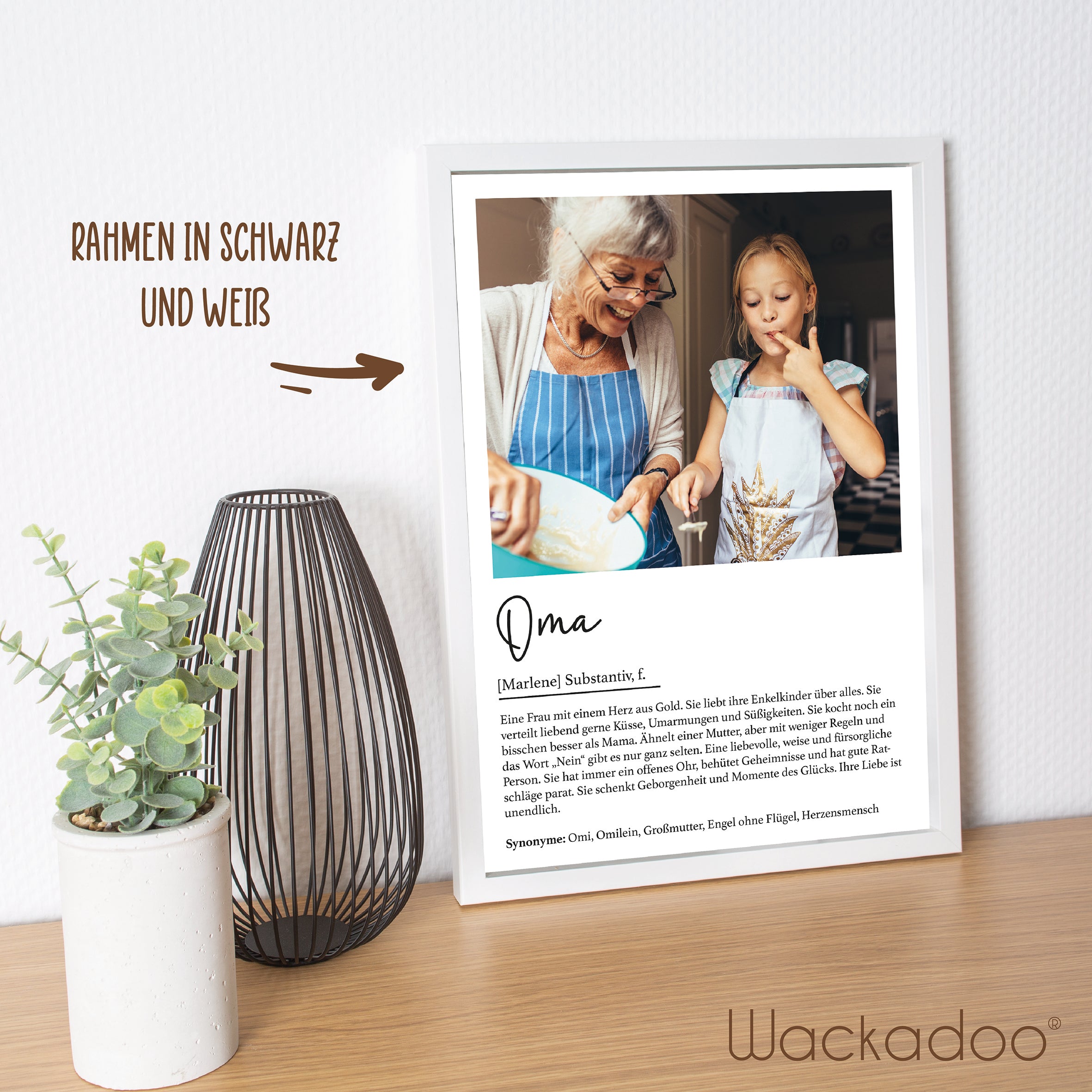 Wackadoo Poster Oma mit Foto und Namen Personalisiertes Geschenk inklusive Bilderrahmen aus Holz