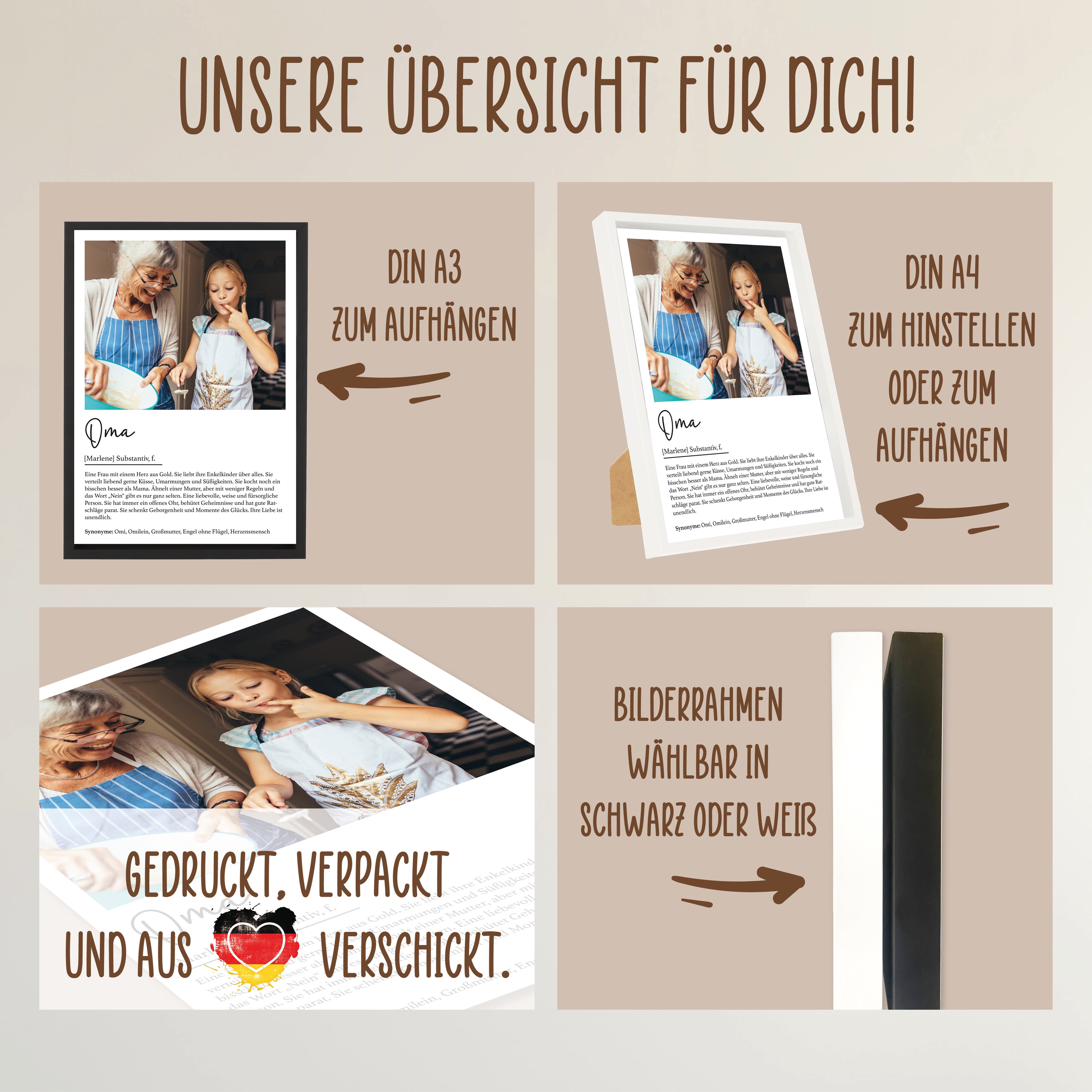 Wackadoo Poster Oma mit Foto und Namen Personalisiertes Geschenk inklusive Bilderrahmen aus Holz