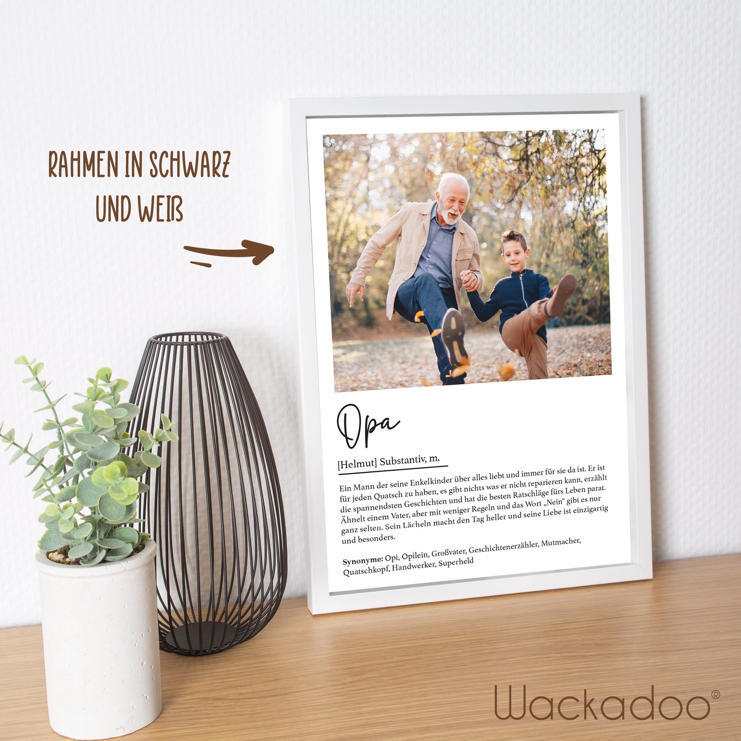 Wackadoo Poster Opa mit Foto und Namen Personalisiertes Geschenk inklusive Bilderrahmen aus Holz