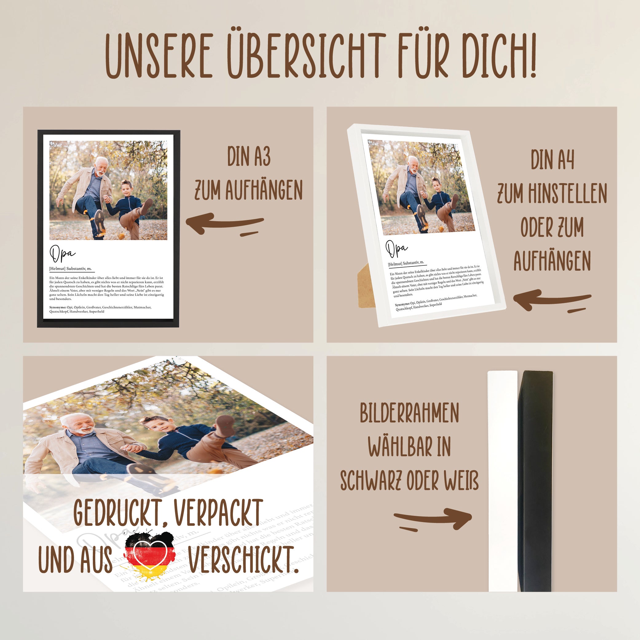 Wackadoo Poster Opa mit Foto und Namen Personalisiertes Geschenk inklusive Bilderrahmen aus Holz