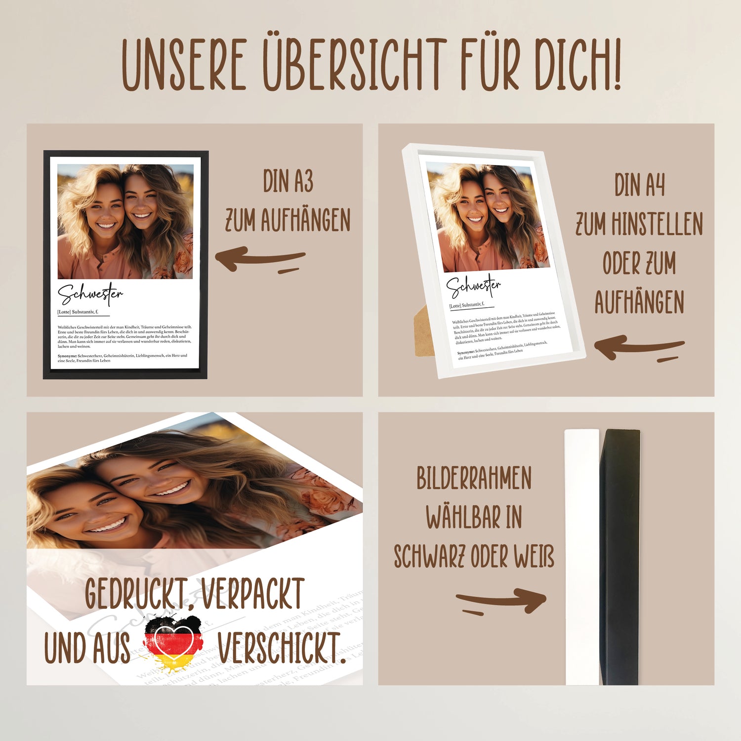 Wackadoo Poster Schwester mit Foto und Namen Personalisiertes Geschenk inklusive Bilderrahmen aus Holz