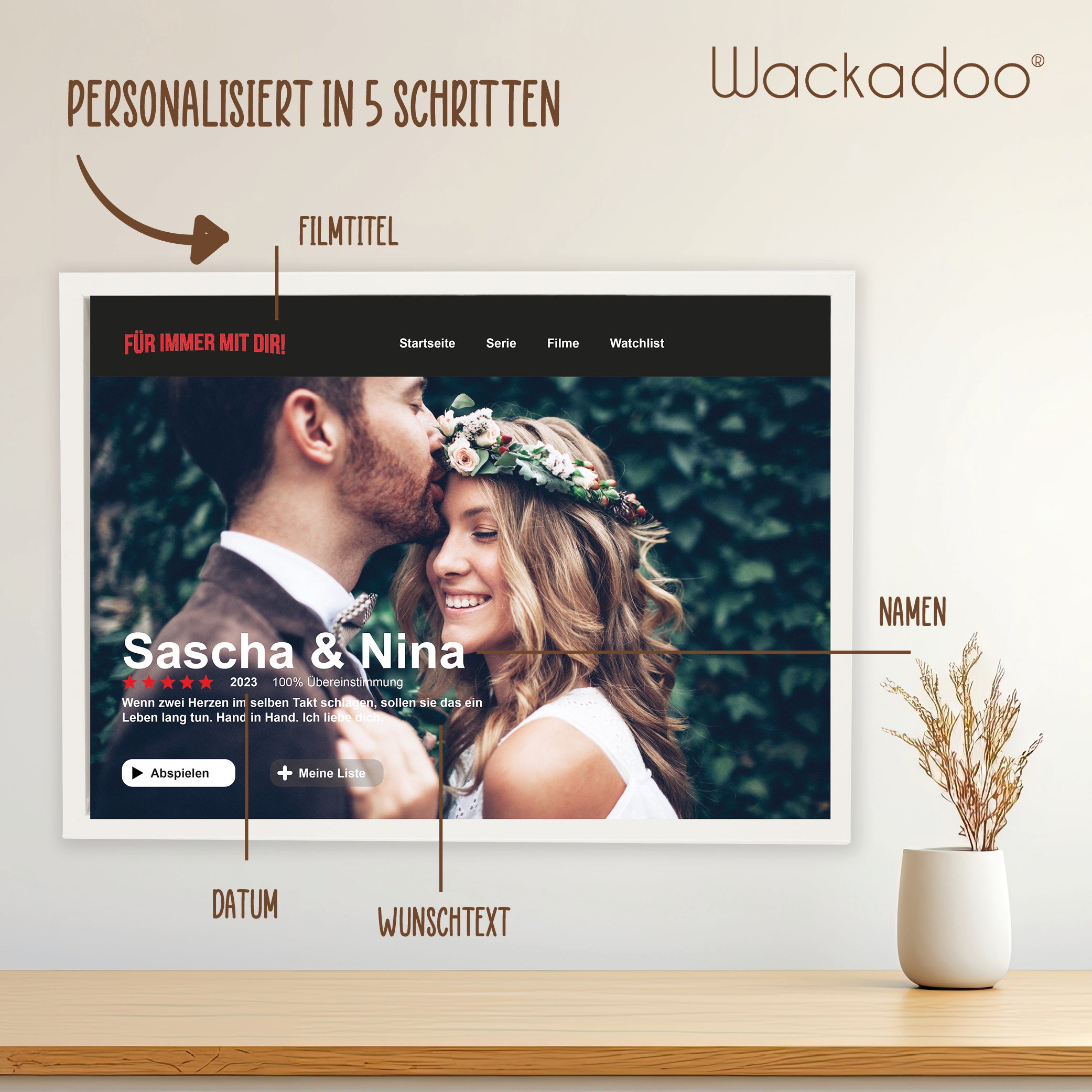 Wackadoo Poster Filmtitel mit Foto und individuellem Text Personalisiertes Geschenk inklusive Bilderrahmen aus Holz