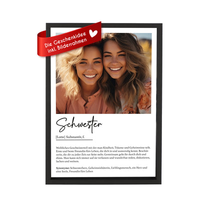 Wackadoo Poster Schwester mit Foto und Namen Personalisiertes Geschenk inklusive Bilderrahmen aus Holz