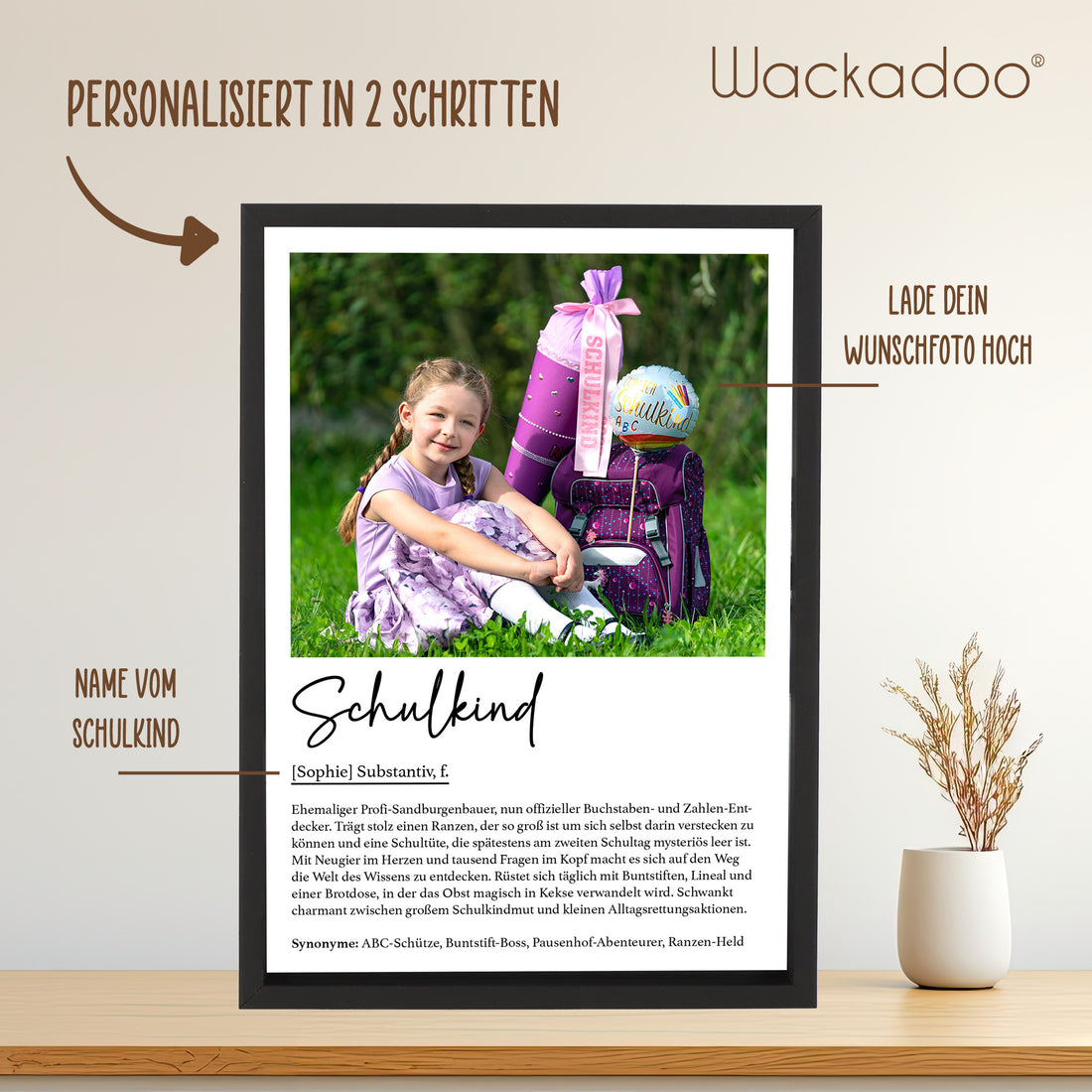 Personalisiertes Poster Schulkind mit Foto und Namen  inklusive Bilderrahmen aus Holz