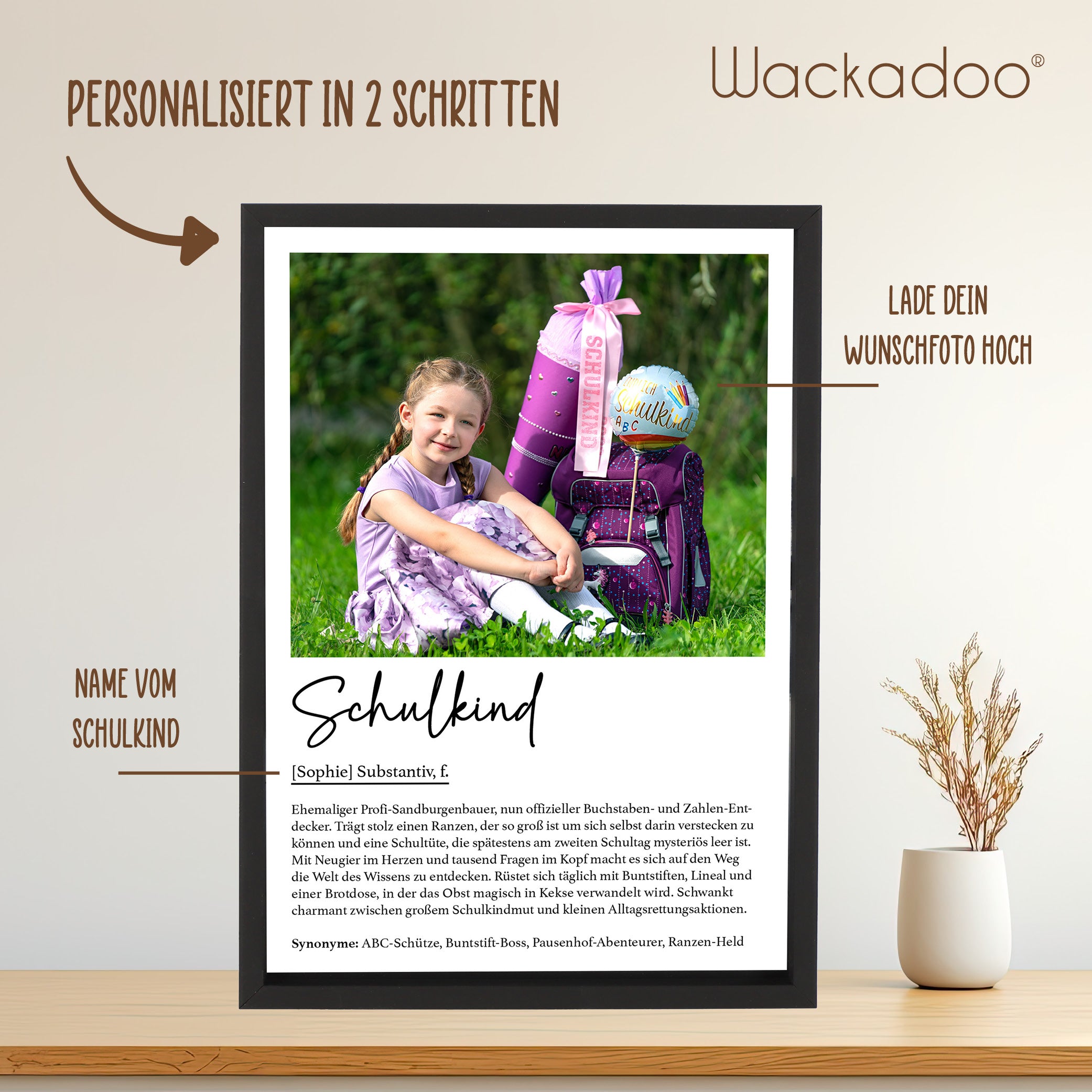 Personalisiertes Poster Schulkind mit Foto und Namen  inklusive Bilderrahmen aus Holz