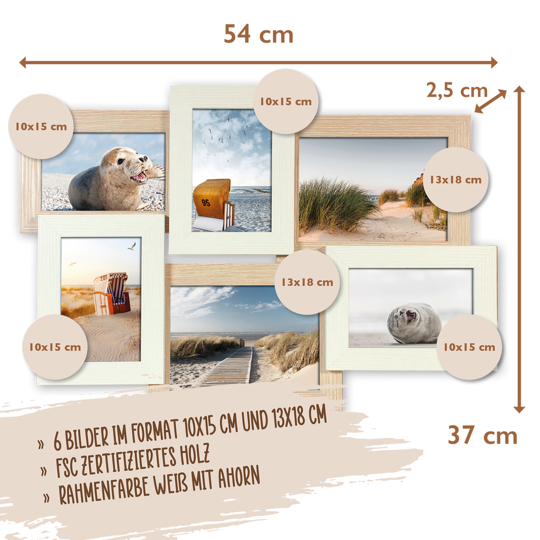 Wackadoo Bilderrahmen Collage Holz für 6 Fotos aus Holz mit Glasscheibe COLLAGERAHMEN